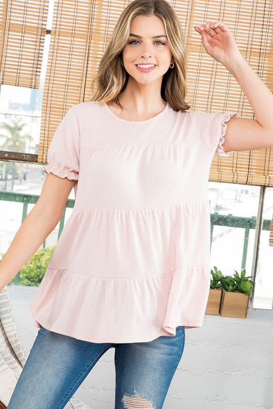 L - RUFFLE SHORT SLEEVE TIERED TOP - Pale Rose