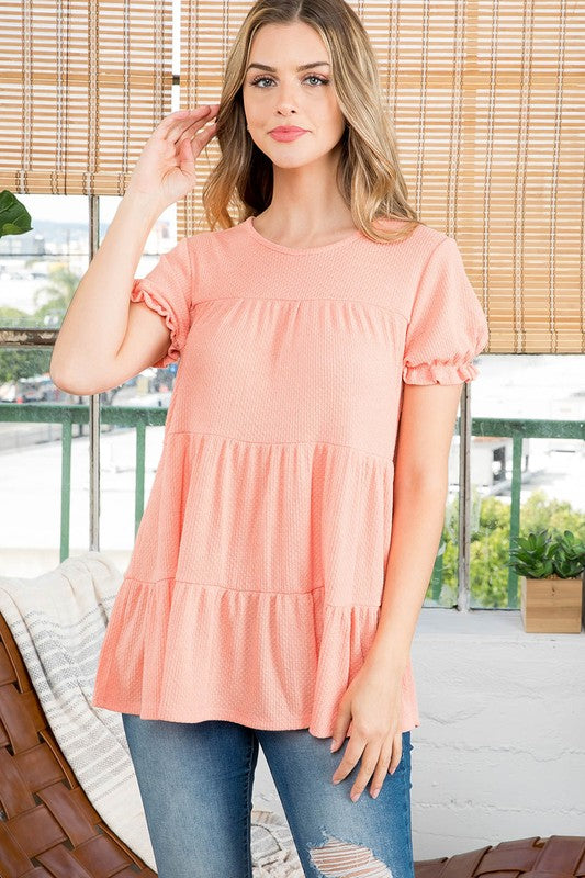 RUFFLE SHORT SLEEVE TIERED TOP - Coral
