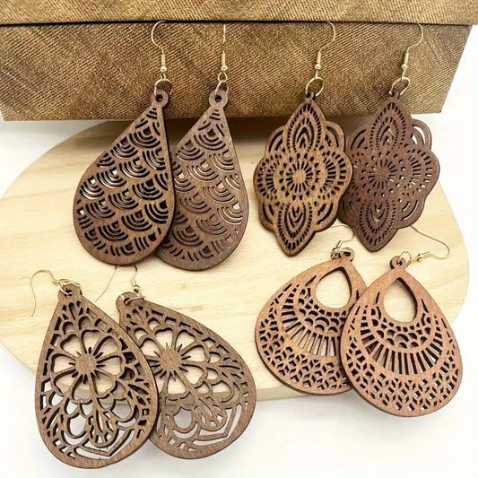 Set of 4 - Wooden Earrings