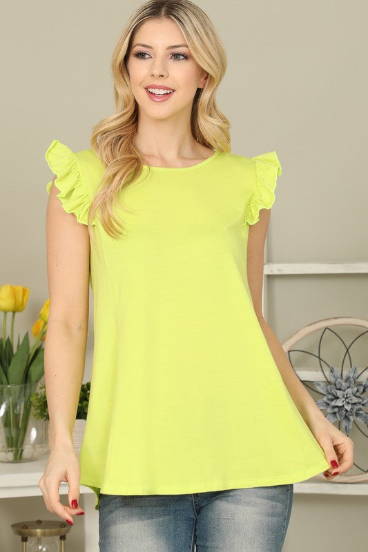 SOLID RUFFLE SLEEVE TOP - Vintage Lime
