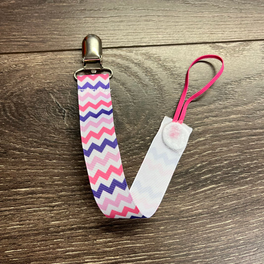 Ribbon Paci Clip - Purple / Pink / White Chevron