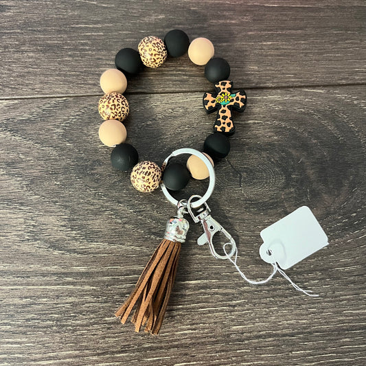 Silicone Beaded Key Ring - Tan Leopard