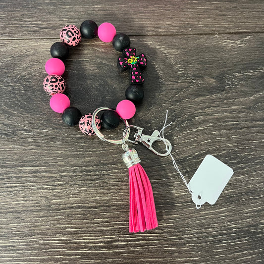 Silicone Beaded Key Ring - Pink Leopard