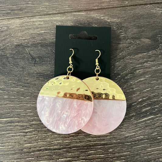 Gold / Pink Circle Drop Earrings