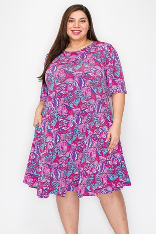 Curvy Plus - Wide Sleeve Dress - Purple Multi