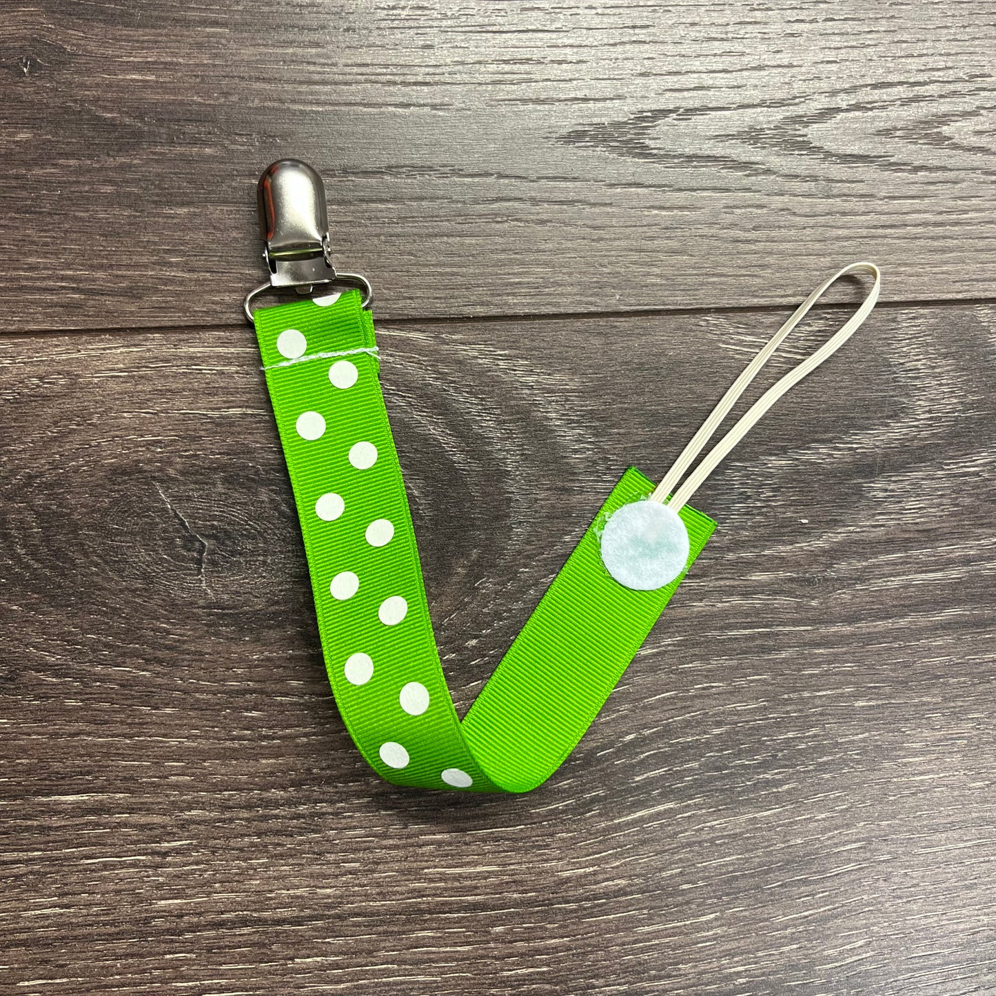 Ribbon Paci Clip - Green / Polka Dots