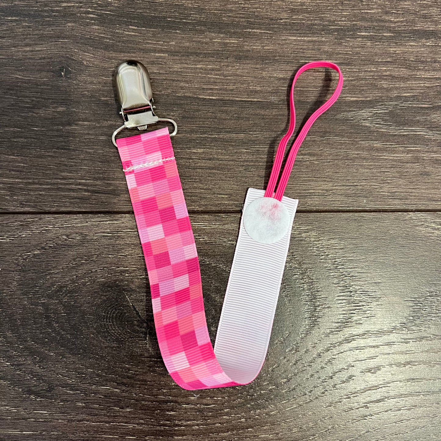 Ribbon Paci Clip - Pink Squares