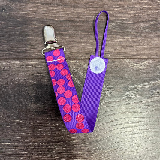 Ribbon Paci Clip - Purple / Pink Sparkle Polka Dots