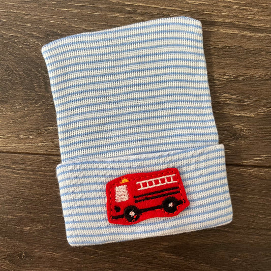 Blue Stripe Baby Hat - Fire Truck