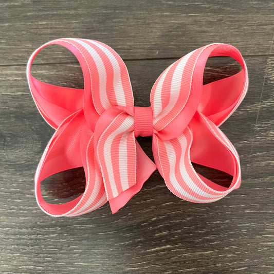 4" Boutique Bow - Layered - Pink / White Stripes