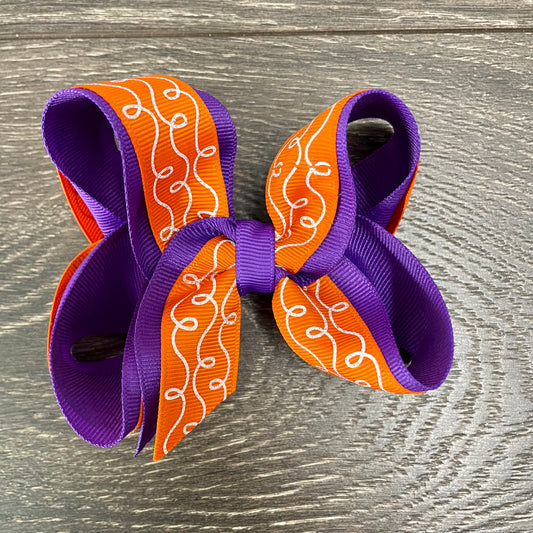4" Boutique Bow - Layered - Purple / Orange & White Swirls